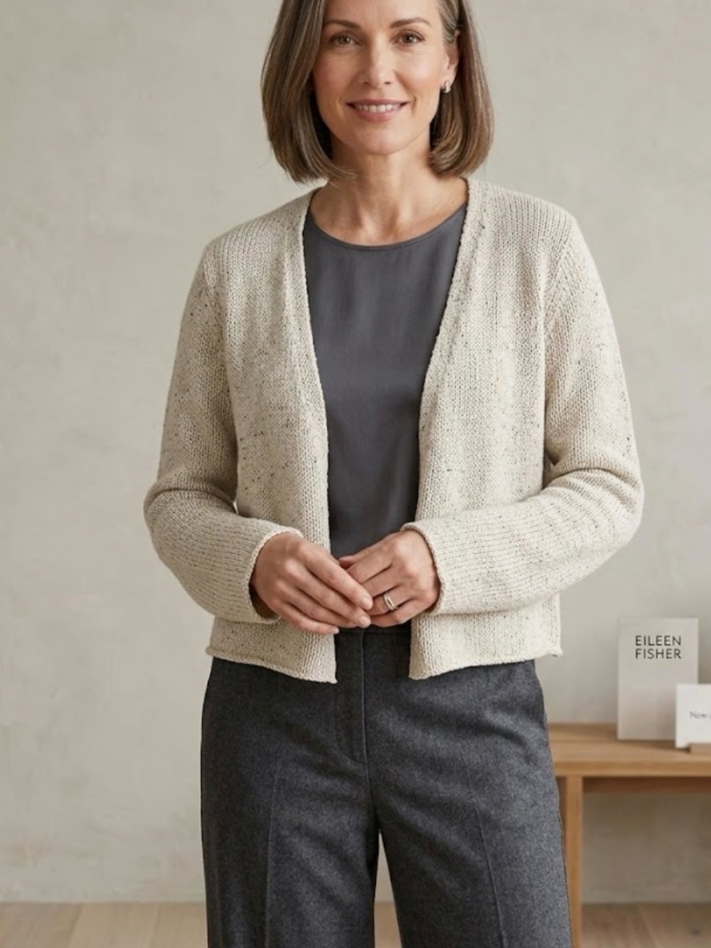 Eileen Fisher Cropped Knit Linen Blend Cardigan In Bone Size XL